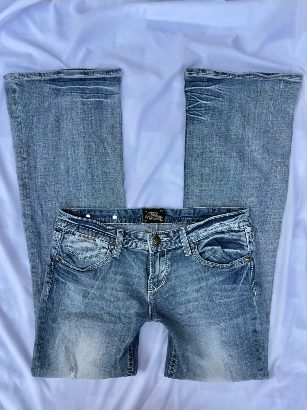 y2k rerock by express low rise light wash bootcut embroidered jeans size 8R